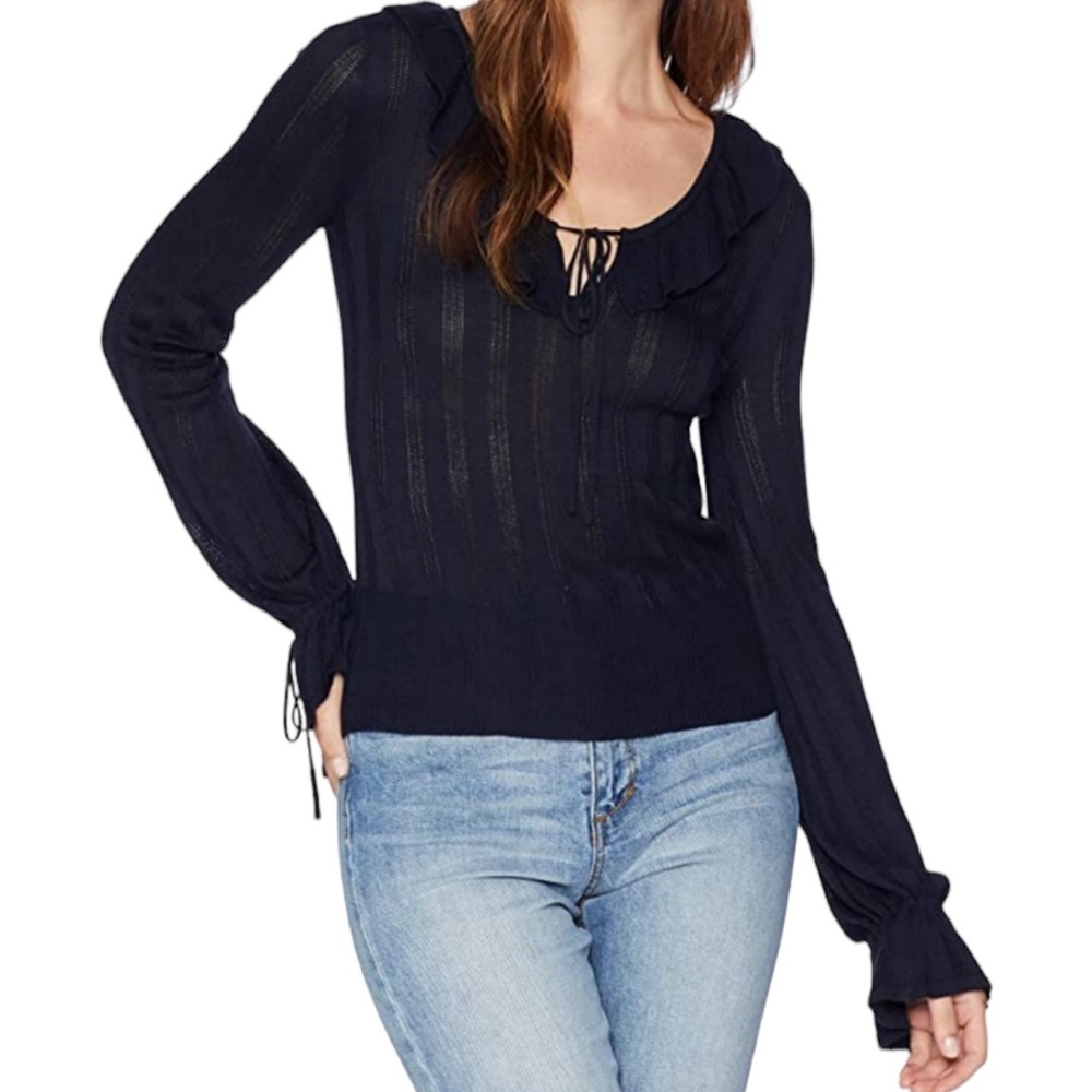 Cupcakes & Cashmere | Koren Bell Sleeve Open Knit Ruffle Sweater Navy Medium